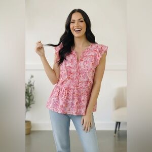 002 Emily Wonder Pink Floral Ruffle Cap Sleeve Blouse